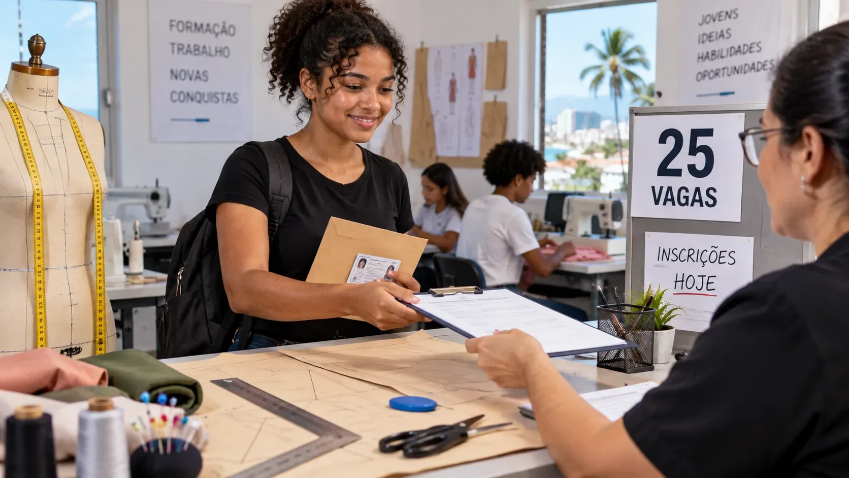 Jovem entrega documentos em uma sala de formação de costura e modelagem, com manequim, materiais de trabalho e placa indicando 25 vagas.