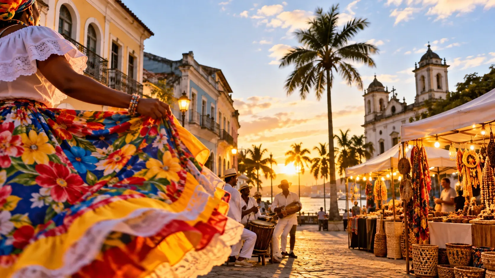Cena de festival cultural em bairro histórico à beira-mar, com dançarina, músicos de percussão, barracas de artesanato, palmeiras e casarões iluminados ao pôr do sol.