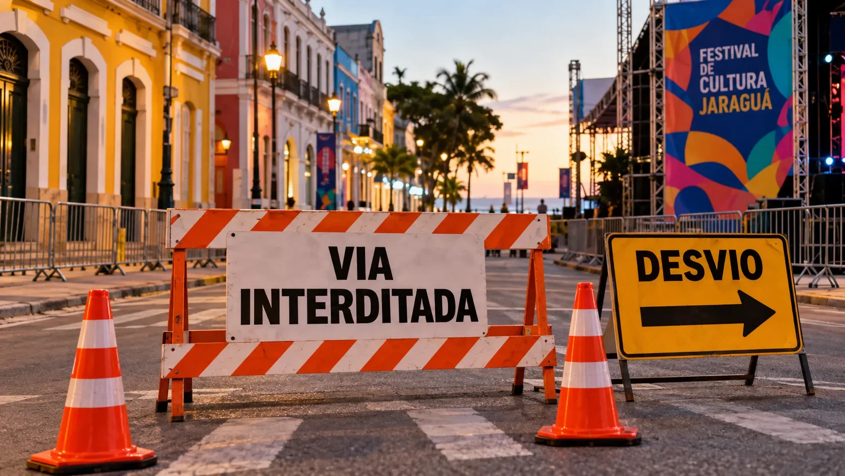 Rua histórica do Jaraguá ao entardecer com cones, barreira de via interditada, placa de desvio e estrutura do festival ao fundo.