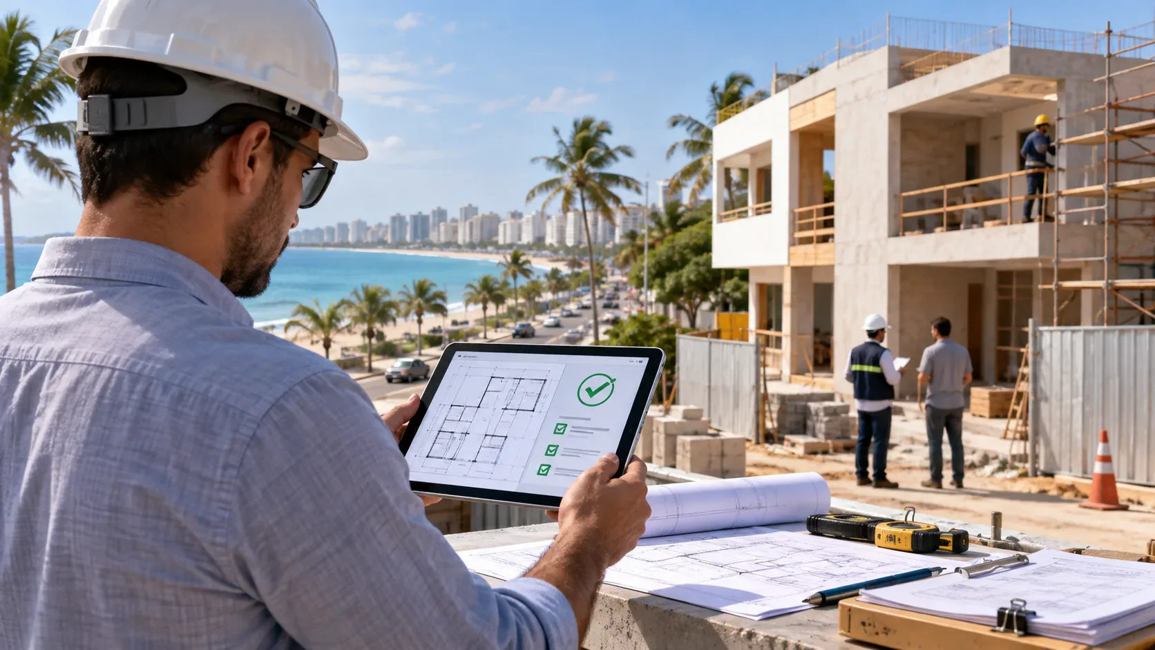 Engenheiro de capacete consulta planta e checklist em tablet diante de obra de poucos pavimentos, com fiscais e a orla de Maceió ao fundo.