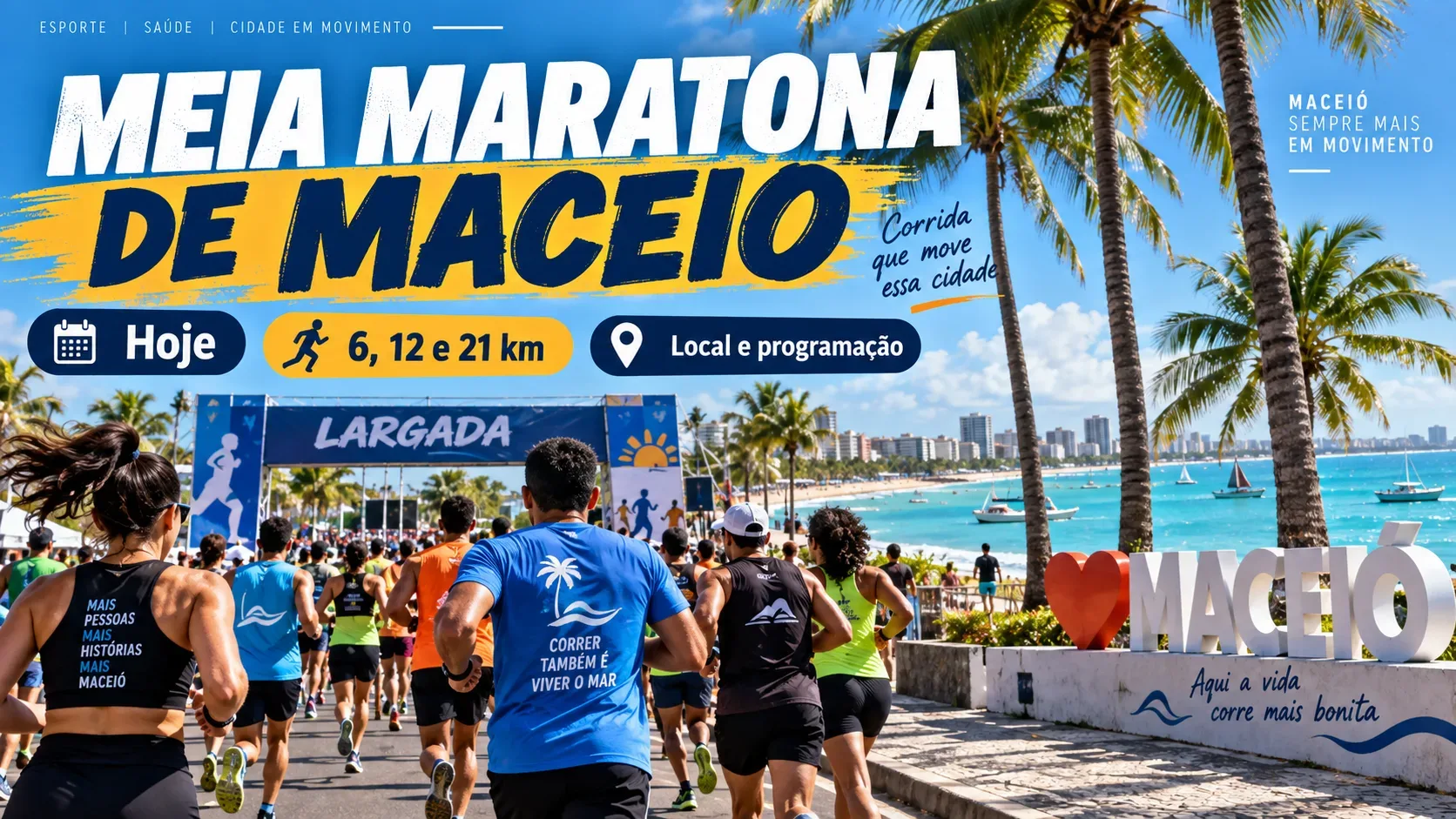 Capa com corredores na orla de Maceió, mar e coqueiros ao fundo, pórtico de largada e o título Meia Maratona de Maceió.
