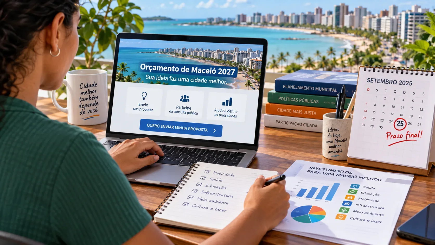 Pessoa usando notebook para participar de consulta pública, com calendário destacando o dia 25, gráficos de orçamento e a orla de Maceió ao fundo.
