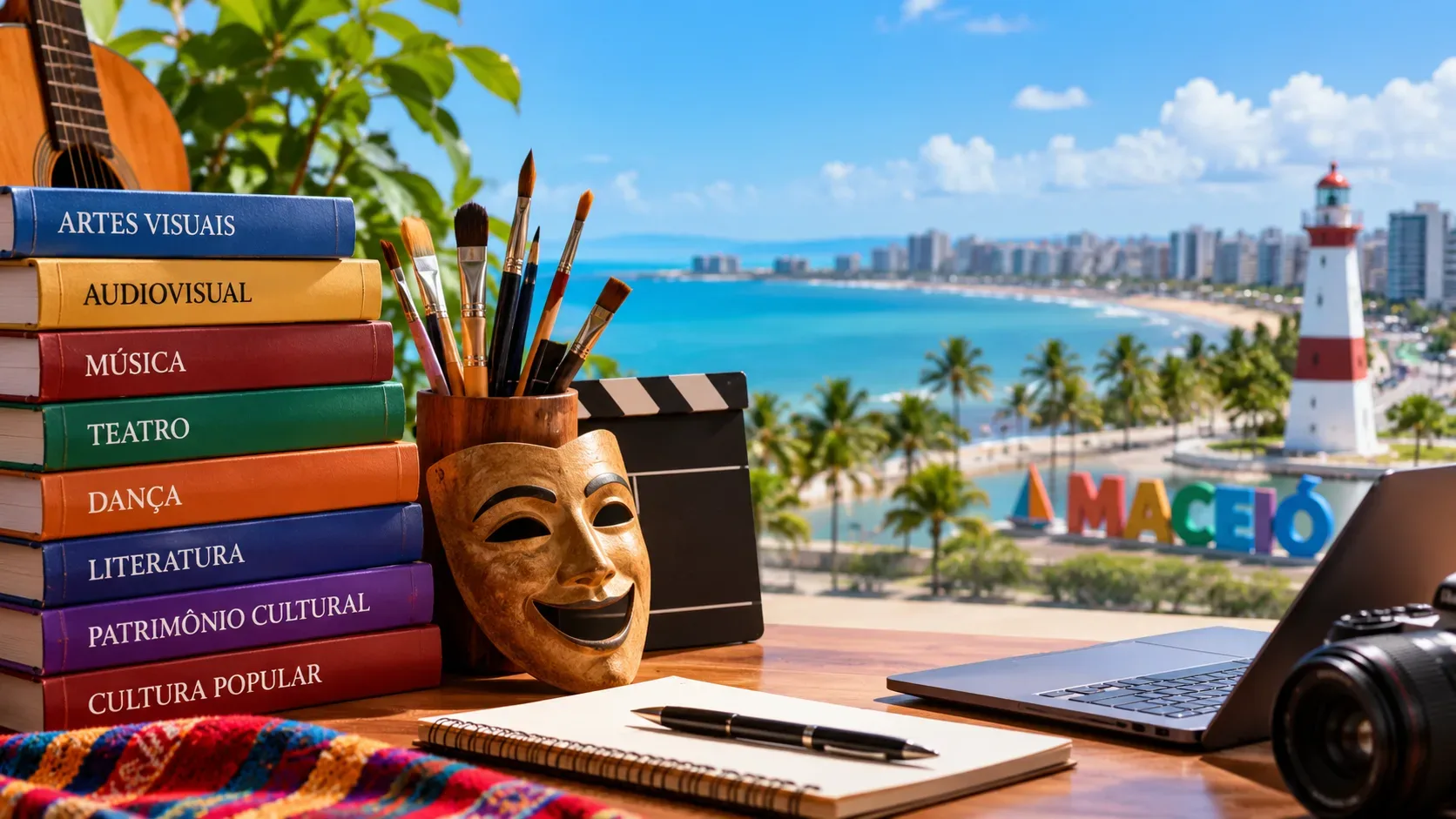 Mesa com livros coloridos sobre áreas culturais, pincéis, máscara teatral, claquete, notebook e câmera diante da orla de Maceió.