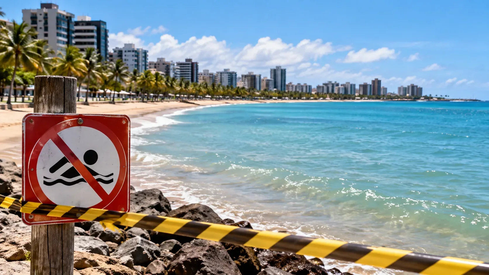 Orla de Maceió com mar azul, placa de proibição de banho e faixa de isolamento em primeiro plano.