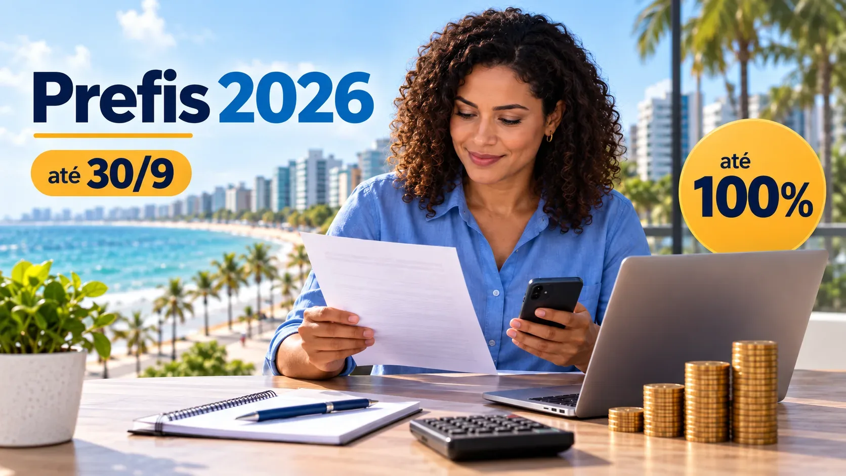 Mulher consulta documento e celular ao lado de notebook, calculadora e pilhas de moedas, com a orla de Maceió ao fundo e destaques do Prefis 2026, prazo até 30/9 e até 100%.