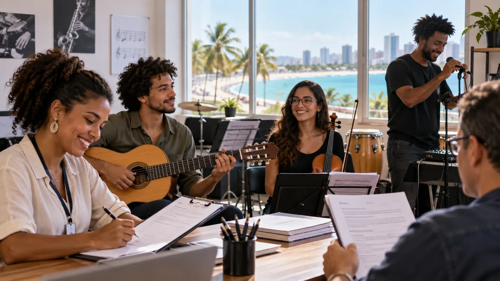 Profissionais de música, educação e produção reunidos em sala de ensaio com instrumentos, formulários e vista litorânea de Maceió ao fundo.