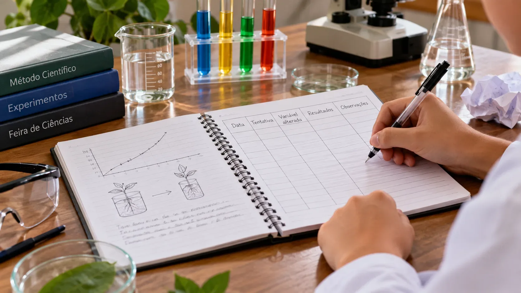 Estudante registra uma tentativa em caderno espiral sobre bancada de laboratório, ao lado de tubos de ensaio, béquer, microscópio e óculos de proteção.
