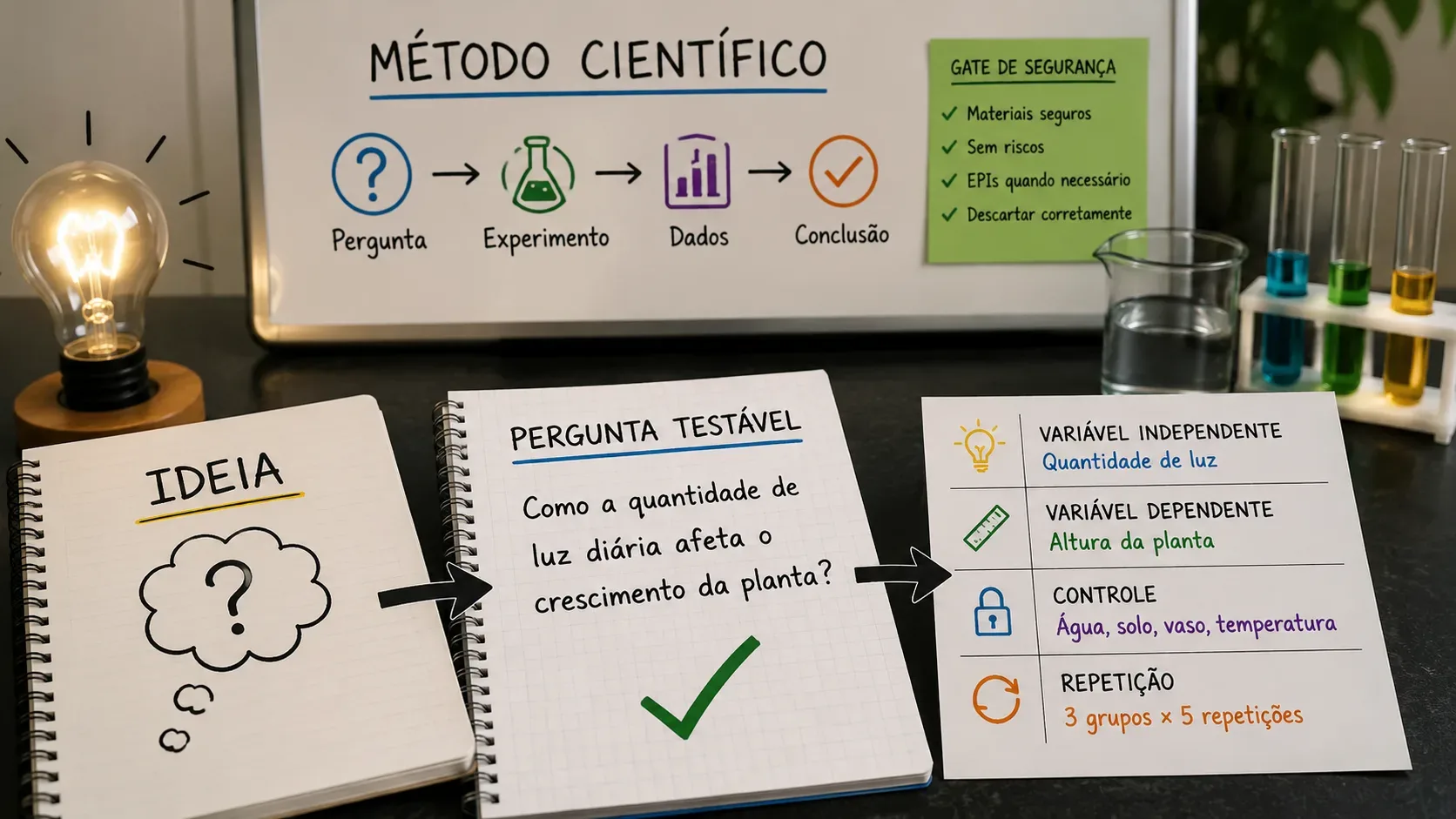 Bancada de ciências com cadernos mostrando a passagem de uma ideia para uma pergunta testável, quadro de método científico, variáveis, controle, repetição e materiais de laboratório.