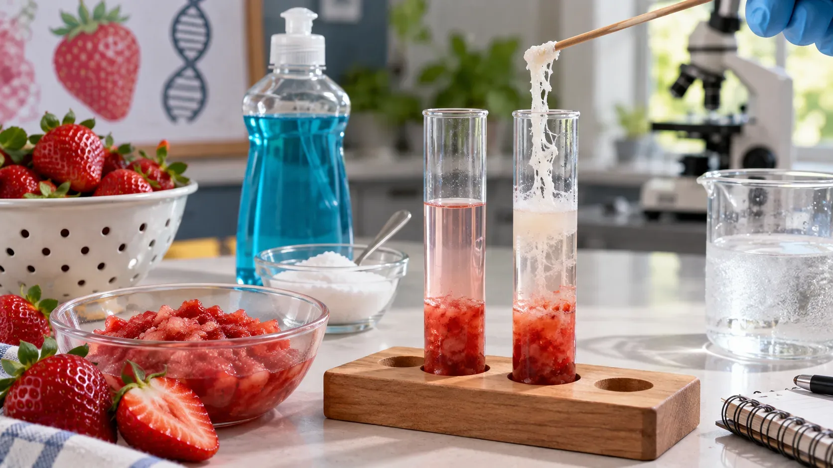 Bancada de experimento com morangos, detergente, sal, álcool e dois tubos, um deles com precipitado branco fibroso sendo retirado por uma haste.