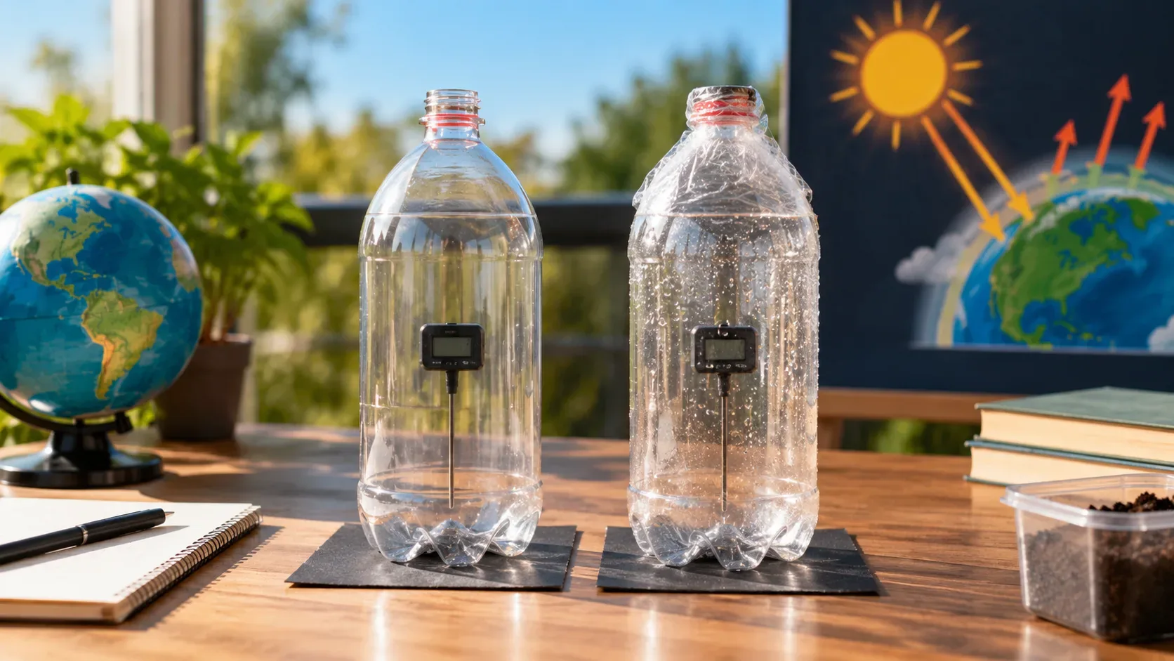 Duas garrafas PET transparentes com sensores de temperatura sobre uma mesa, uma aberta e outra coberta com filme plástico, com globo terrestre e esquema climático ao fundo.