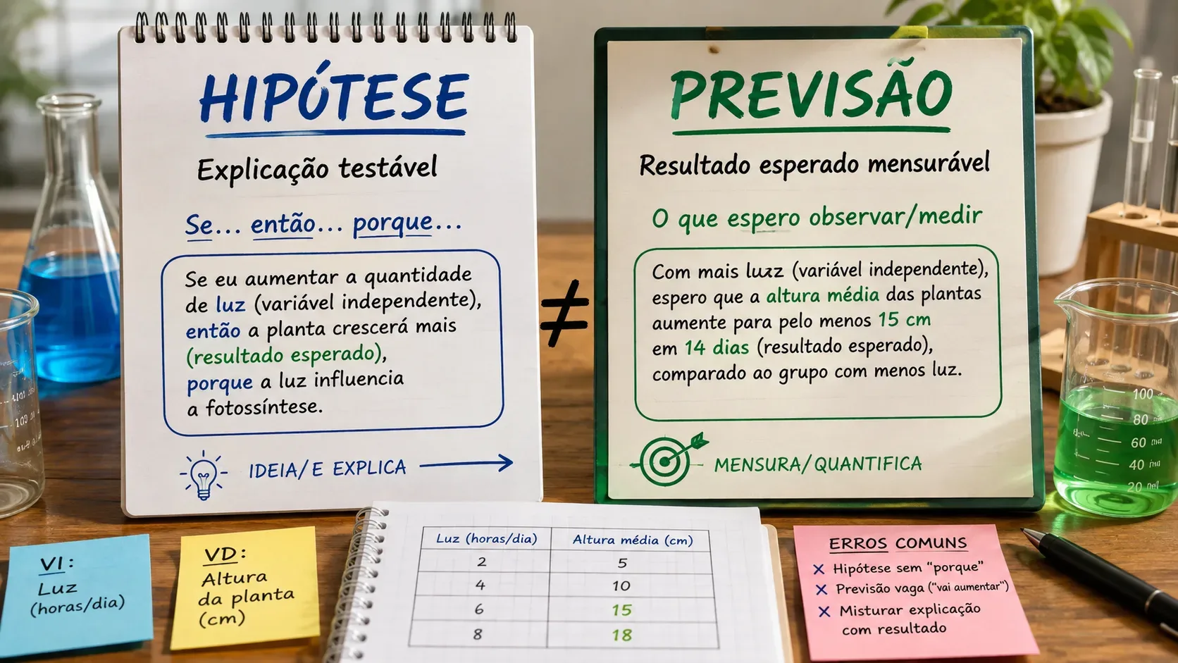 Duas pranchetas lado a lado em uma bancada de laboratório com exemplos escritos de hipótese e previsão, cercadas por vidrarias, planta, tabela de medidas e anotações sobre variáveis.