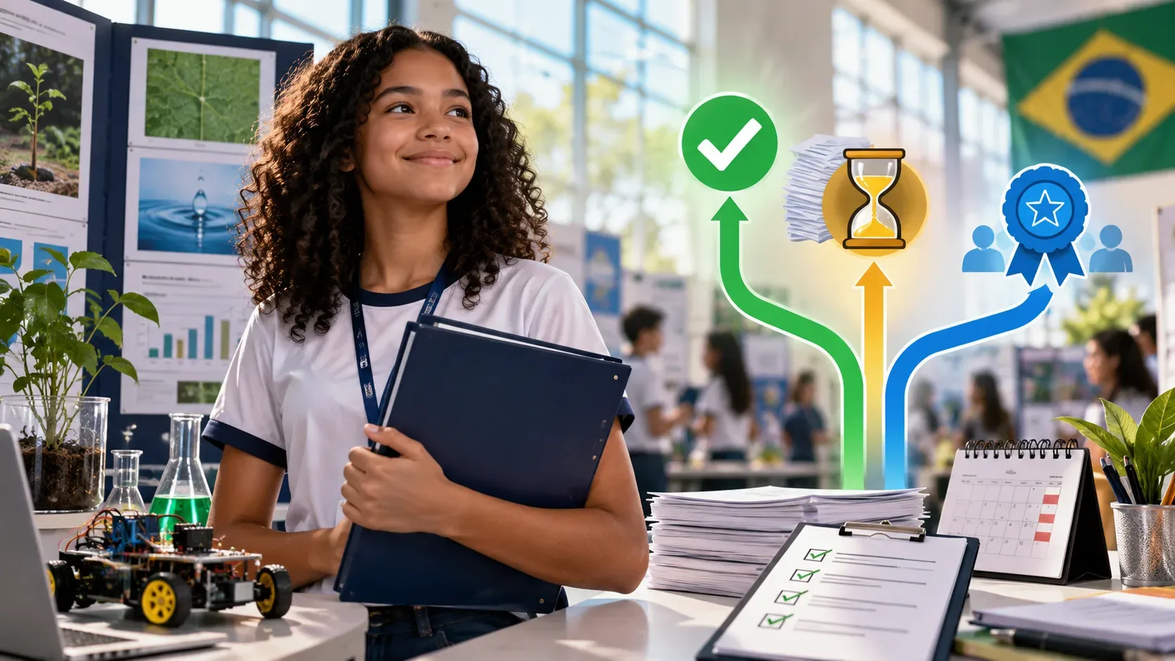 Estudante em feira de ciências segura uma pasta diante de projetos, enquanto três caminhos visuais indicam aprovação, espera e credenciamento, com calendário e checklist ao lado.