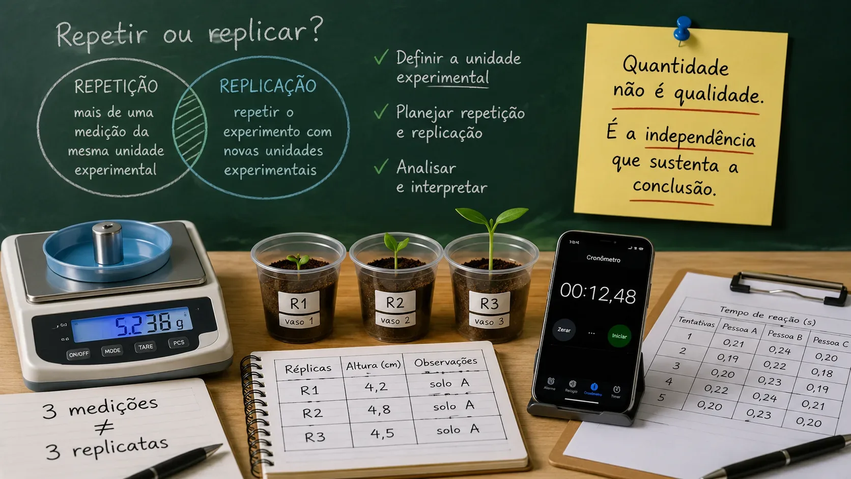 Bancada de experimento escolar com balança, três mudas em vasos, cronômetro, tabelas de medições e quadro comparando repetição e replicação.