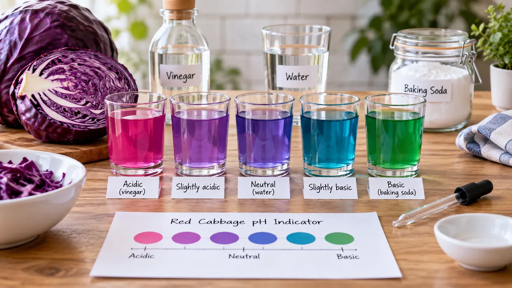 Repolho roxo cortado ao lado de cinco copos transparentes com soluções em tons de rosa, roxo, azul, turquesa e verde, acompanhados de referências de vinagre, água e bicarbonato.