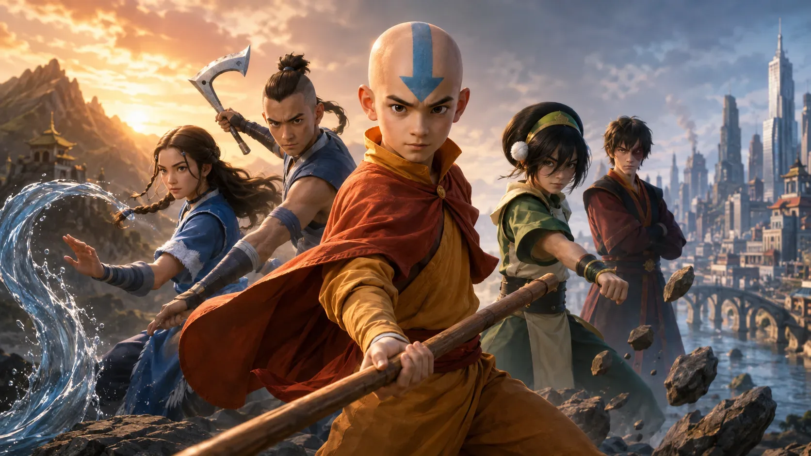 Aang adulto em composição que representa a passagem da série original e dos quadrinhos para a era anterior a A Lenda de Korra