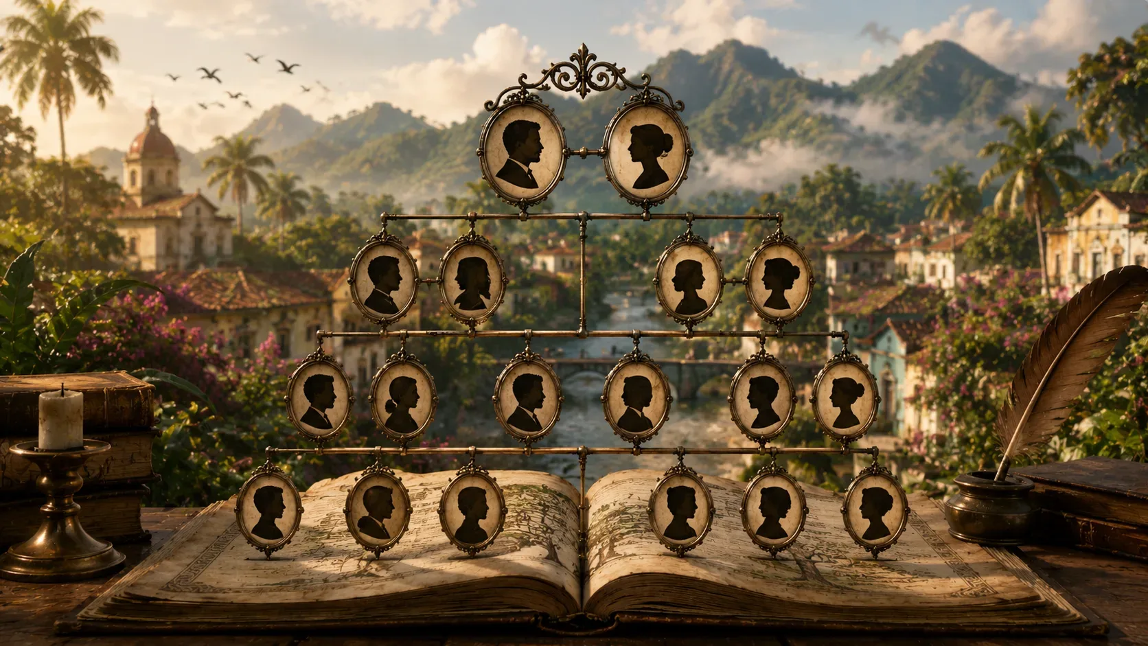 Árvore genealógica horizontal dos Buendía organizada por gerações, com o ramo ligado ao episódio final ocultado para evitar spoilers.