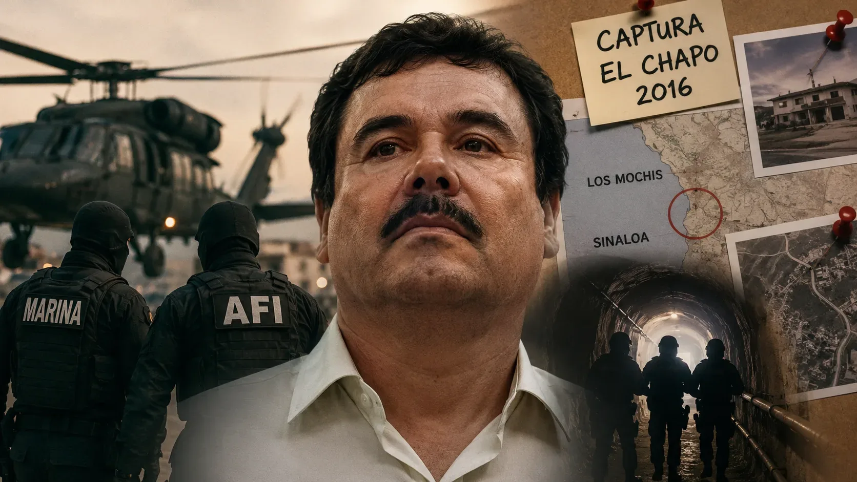 Homem de bigode ao centro, policiais mascarados, helicóptero e túnel ao lado de um painel investigativo sobre a captura de 2016.