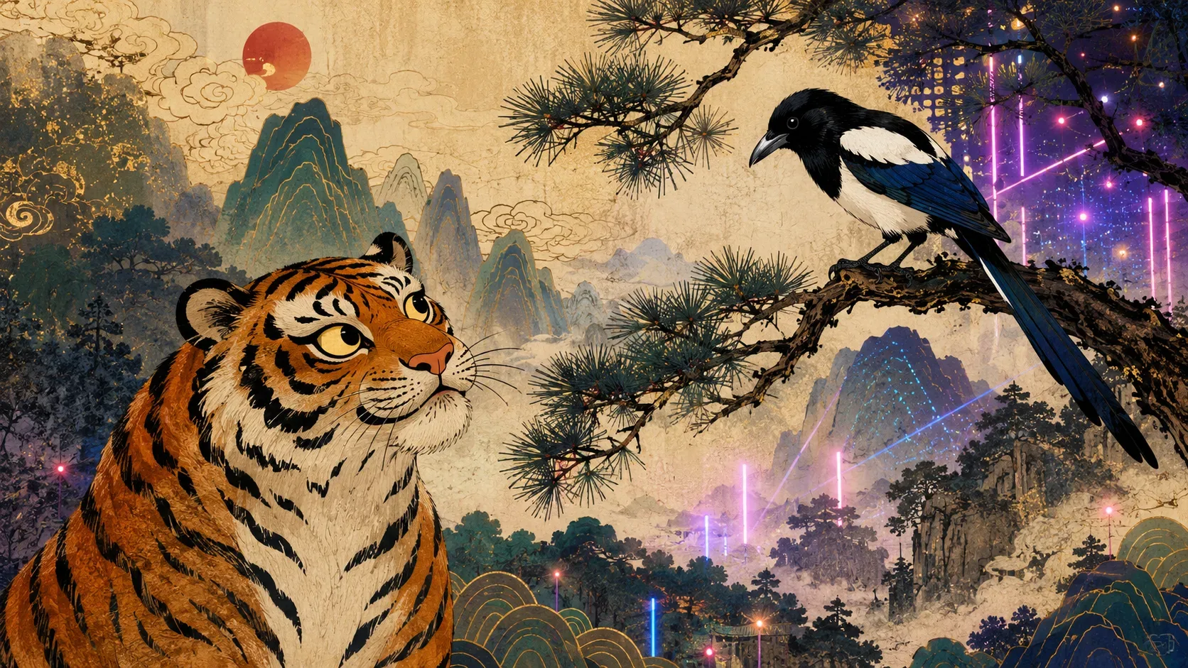 Tigre laranja estilizado observa uma pega preta, branca e azul pousada em pinheiro, diante de montanhas coreanas em textura de papel com discretas luzes neon.