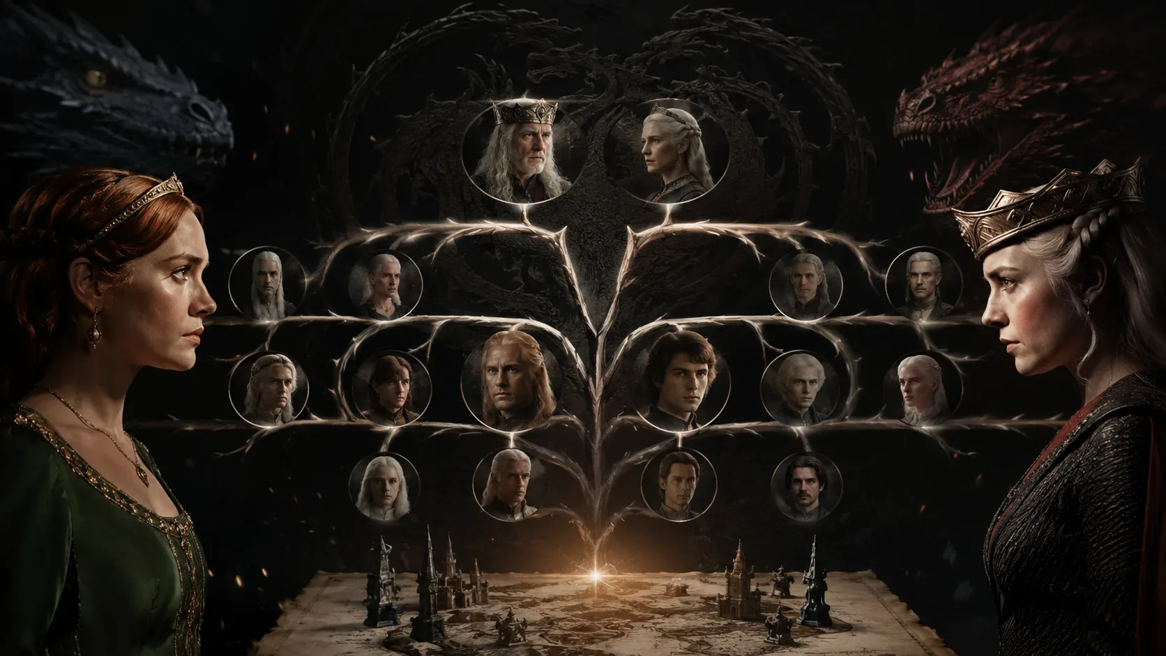 Diagrama editorial da família Targaryen destacando Rhaenyra, Daemon, Aegon II, Helaena, Aemond, Daeron e seus principais vínculos sucessórios