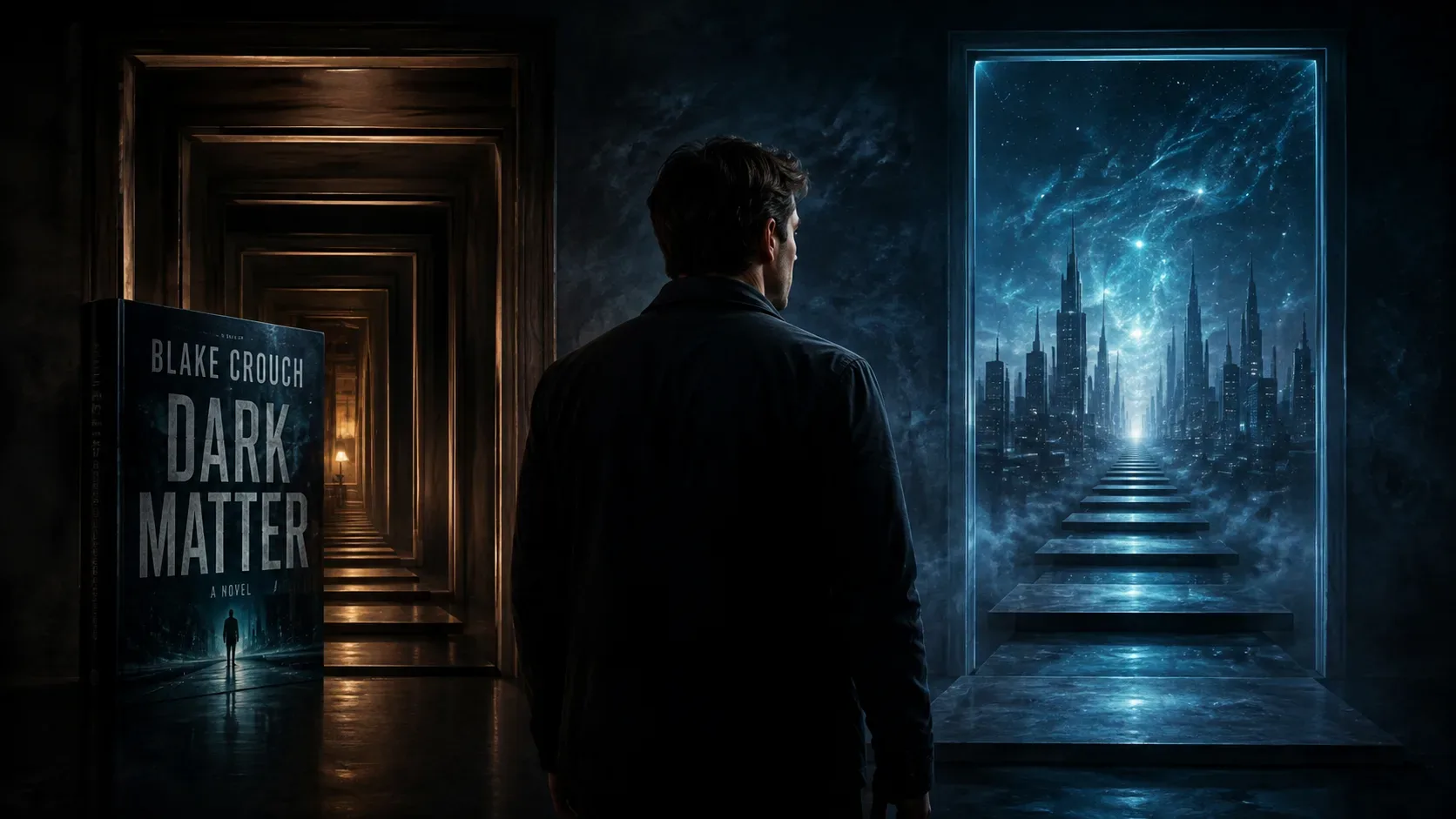 Homem de costas entre um corredor escuro com o livro Dark Matter à esquerda e um portal azul para uma cidade futurista à direita.