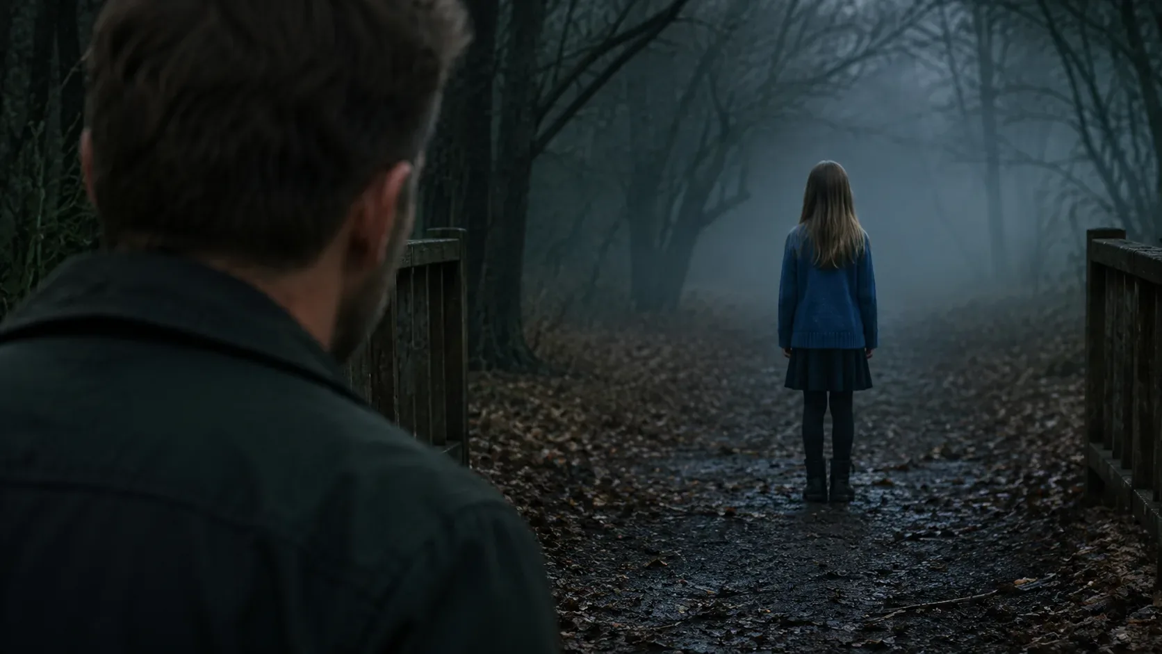 Homem em primeiro plano observa uma menina de suéter azul parada em uma trilha de bosque escuro e coberto por neblina.