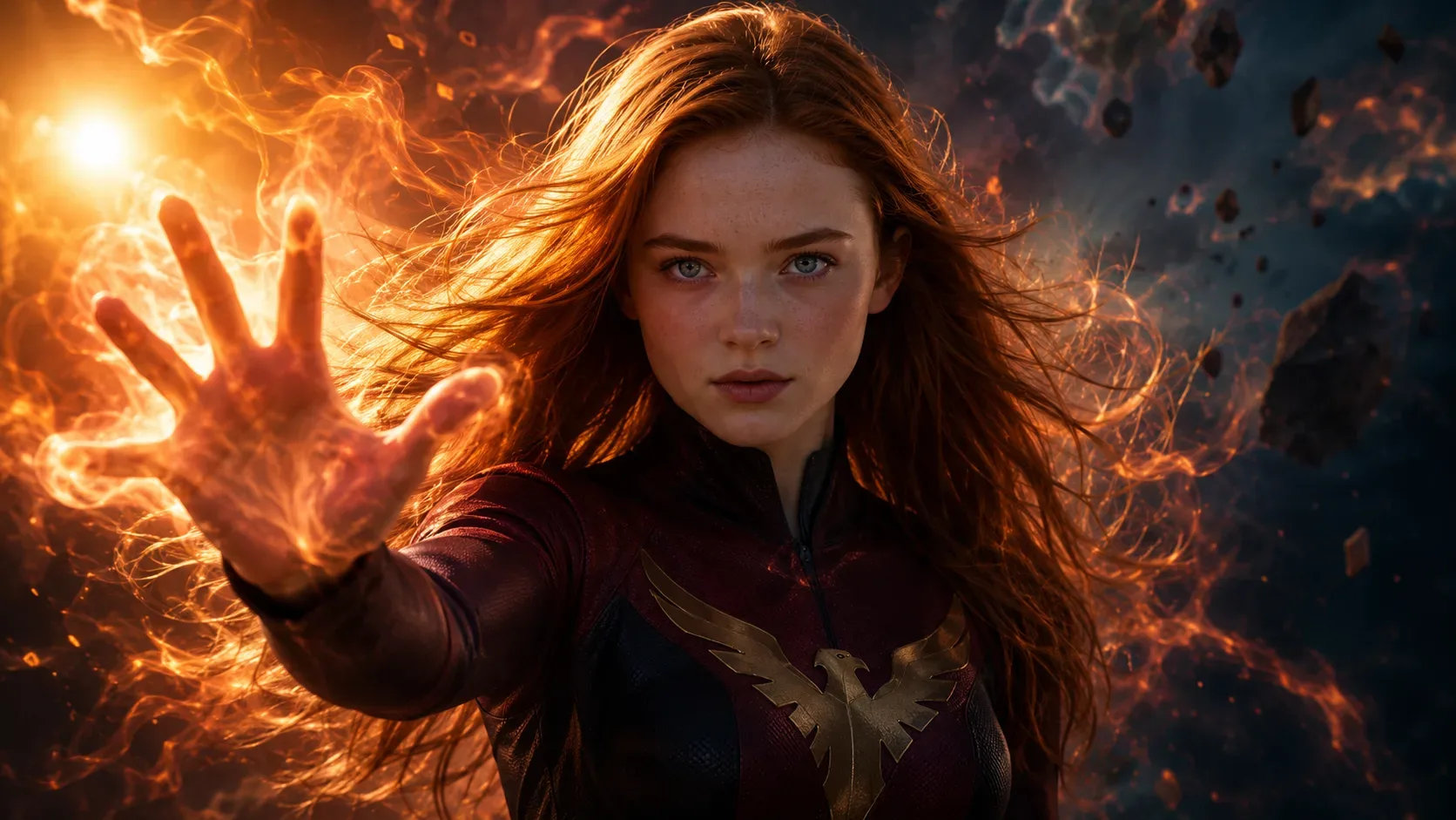 Sadie Sink em material editorial relacionado a Homem-Aranha: Brand New Day, após a confirmação de seu papel como Jean Grey no MCU.