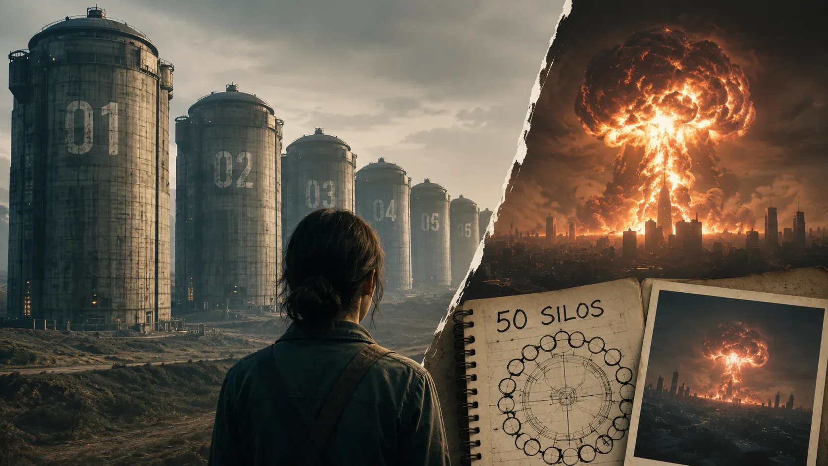 Mulher observa uma sequência de silos industriais numerados, com uma explosão nuclear ao fundo e um caderno aberto com esquema dos silos.