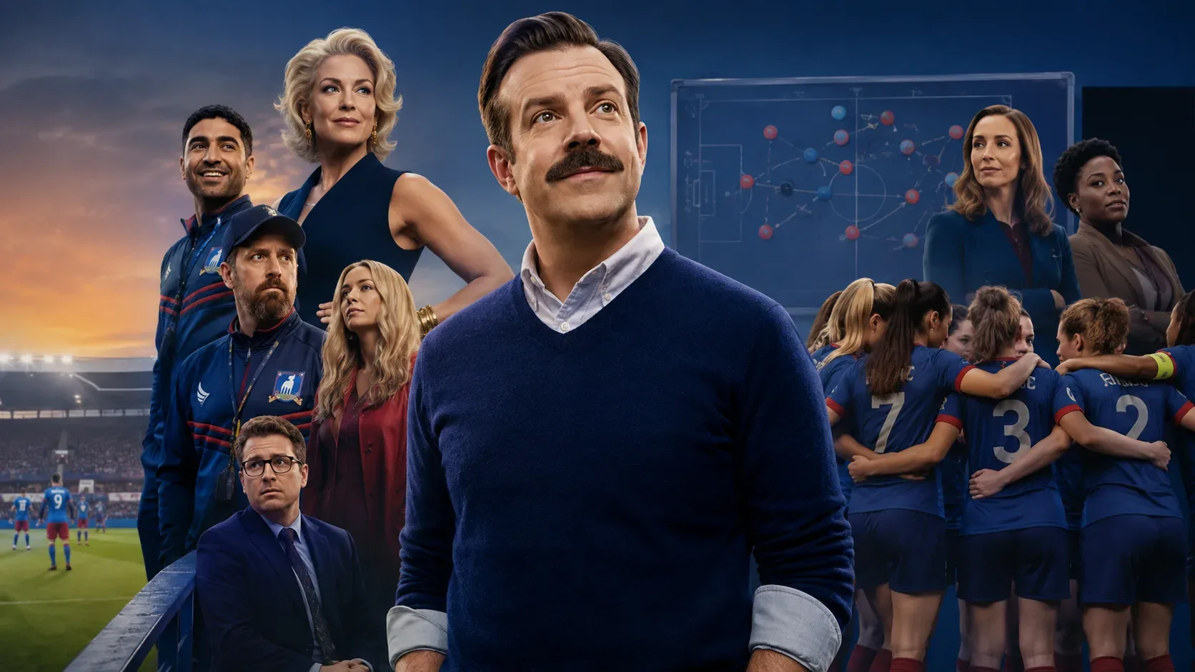 Relações principais entre Ted, Rebecca, Keeley, Roy, Beard e Higgins antes da quarta temporada de Ted Lasso.