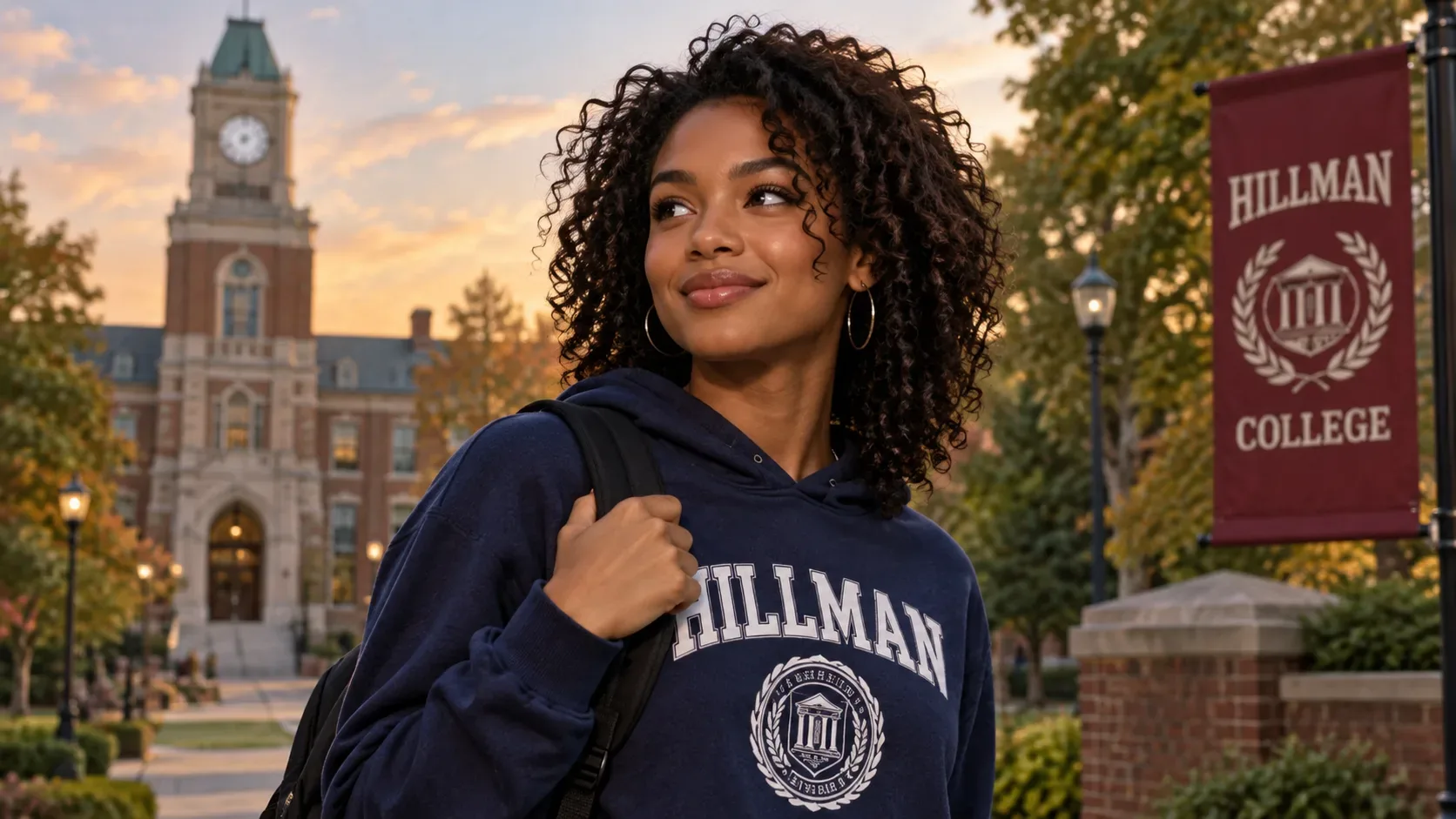 Jovem universitária negra de cabelos cacheados usa moletom azul de Hillman em um campus ao pôr do sol, com torre do relógio e estandarte vinho ao fundo.