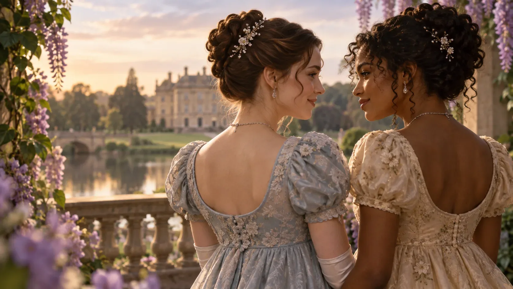Duas mulheres em vestidos de época azul-claro e champanhe se olham em um terraço com flores lilases, lago e mansão ao fundo ao pôr do sol.