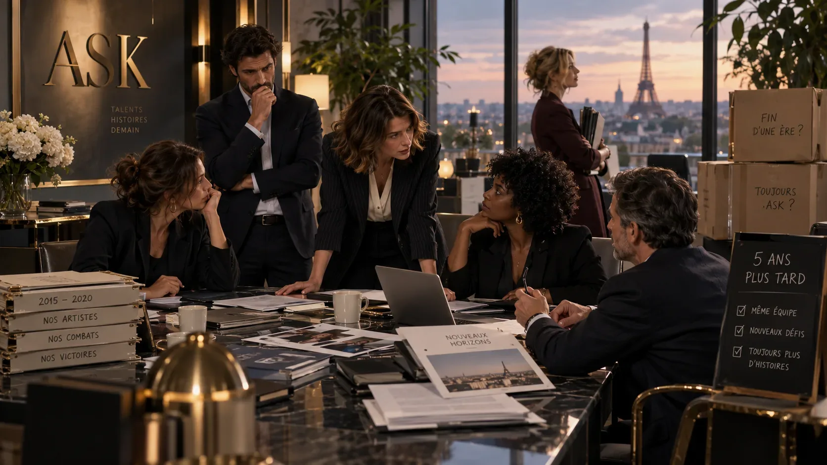 Equipe reunida em um escritório de agência em Paris, com a Torre Eiffel ao fundo, documentos sobre a mesa e caixas que sugerem o fim da ASK e um reencontro anos depois.