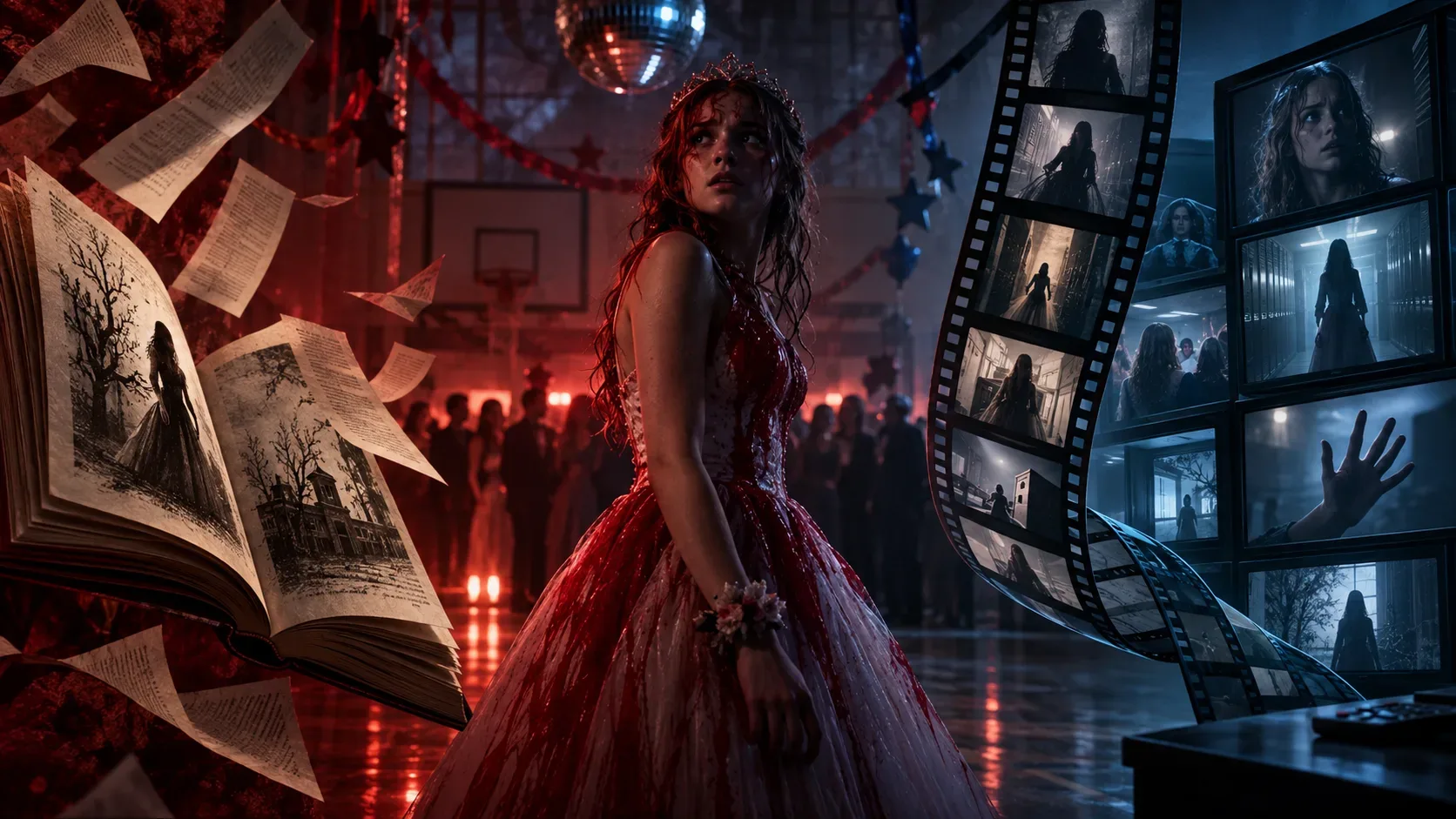Adolescente em vestido de baile manchado de vermelho entre um livro aberto com páginas voando e uma faixa de filme diante de telas azuis, em clima de terror.
