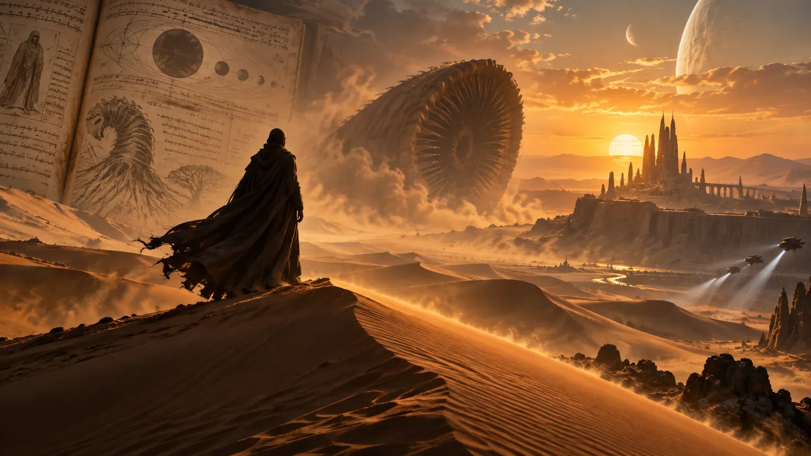 Figura encapuzada sobre dunas diante de um verme colossal e uma cidade futurista ao pôr do sol, com páginas manuscritas fundidas ao céu.