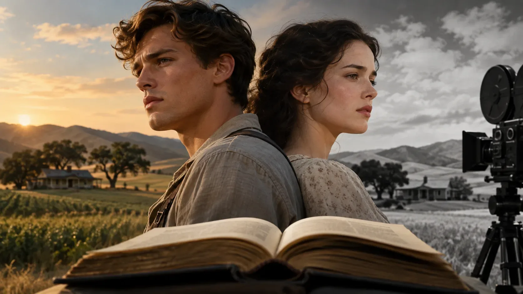 Jovem homem e jovem mulher em roupas de época aparecem de costas um para o outro, com um livro aberto em primeiro plano, campos ao pôr do sol e uma câmera de cinema antiga ao lado.