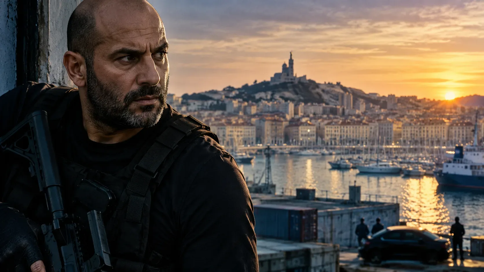 Operativo careca em equipamento tático diante do porto de Marselha ao pôr do sol, com barcos e a basílica no alto ao fundo.