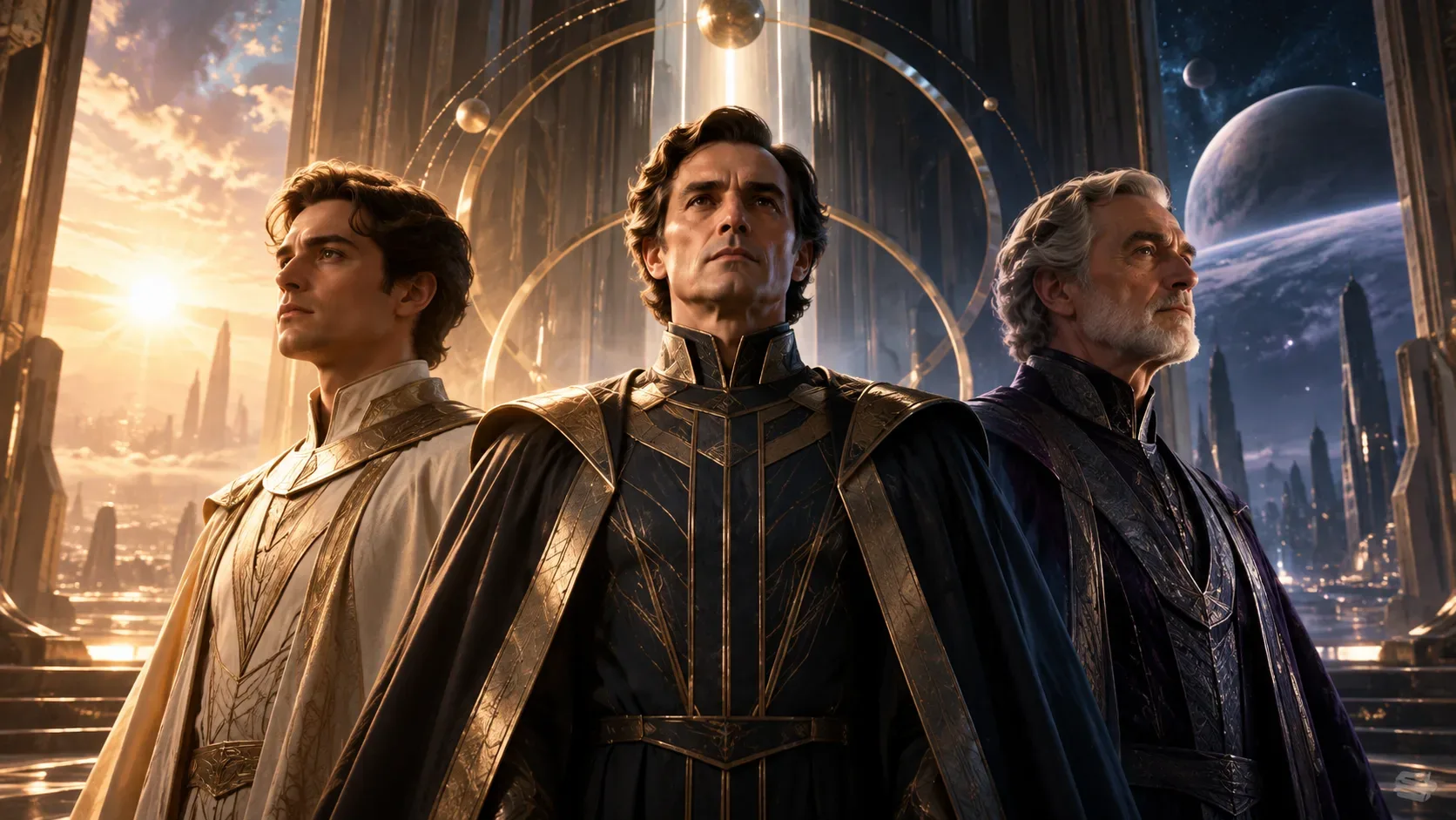 Três imperadores clonados geneticamente semelhantes em fases jovem, adulta e idosa diante de arquitetura imperial futurista, com luz dourada à esquerda e tons azuis e violetas à direita.