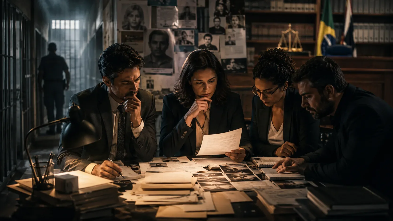 Equipe jurídica analisa dossiês e fotografias sobre uma mesa, com grades de presídio e ambiente de tribunal ao fundo.