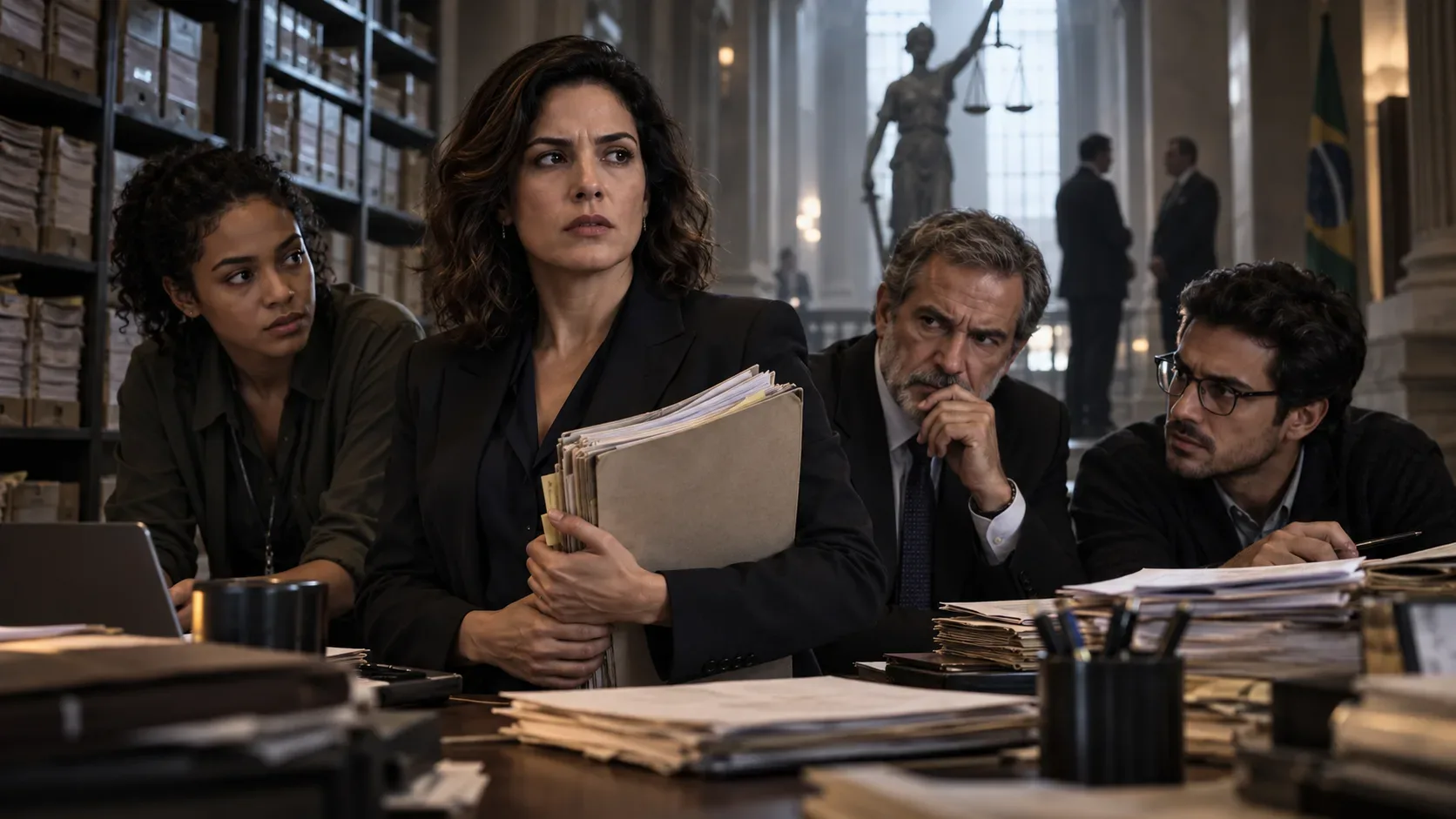 Equipe jurídica reunida entre pilhas de processos em um ambiente de tribunal, com uma mulher ao centro segurando uma pasta e colegas em clima de investigação.