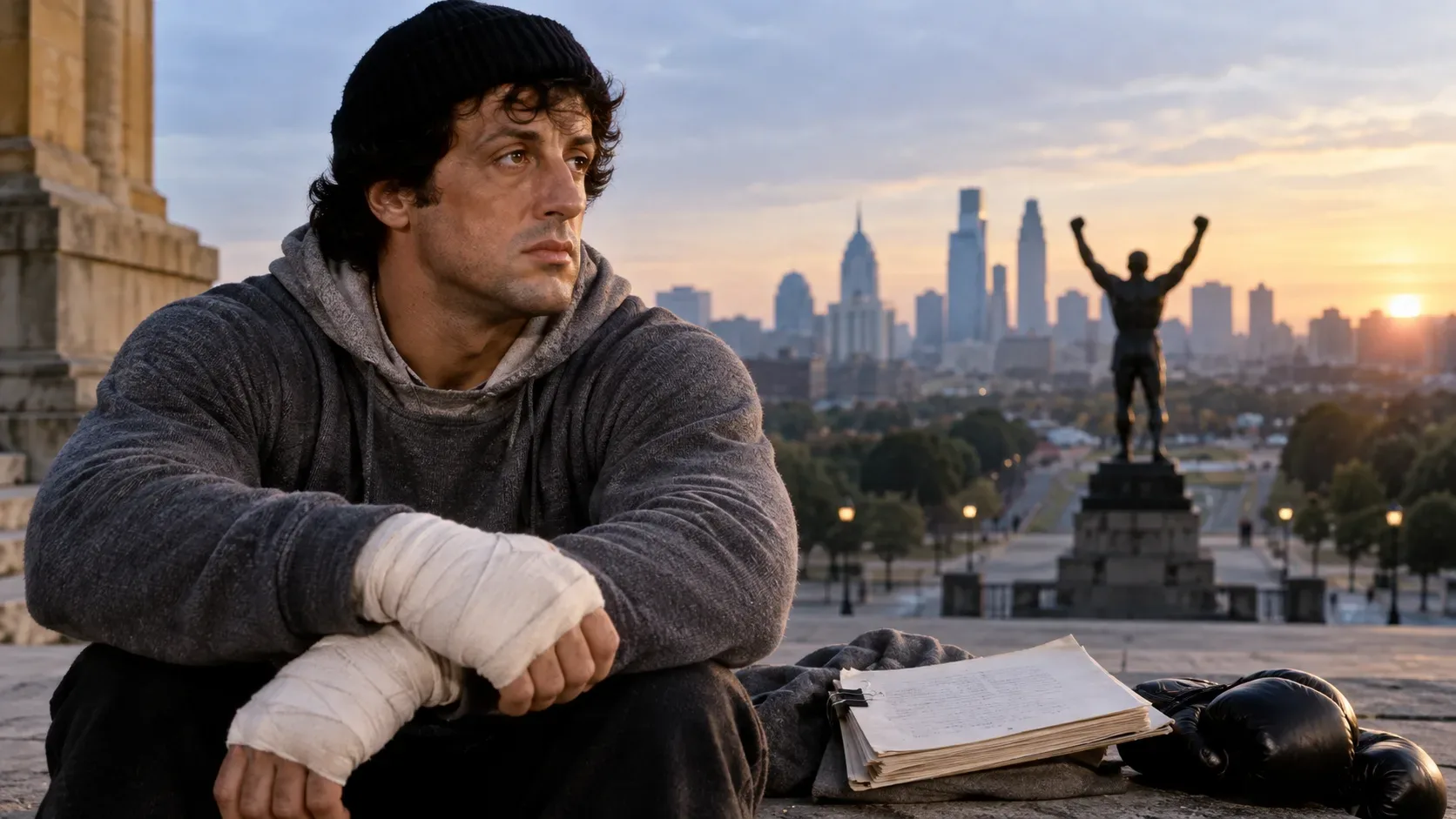 Homem inspirado em Sylvester Stallone sentado em degraus de museu ao pôr do sol, com gorro, moletom e mãos enfaixadas, ao lado de páginas de roteiro e luvas de boxe, com o horizonte da Filadélfia e uma estátua de boxeador ao fundo.