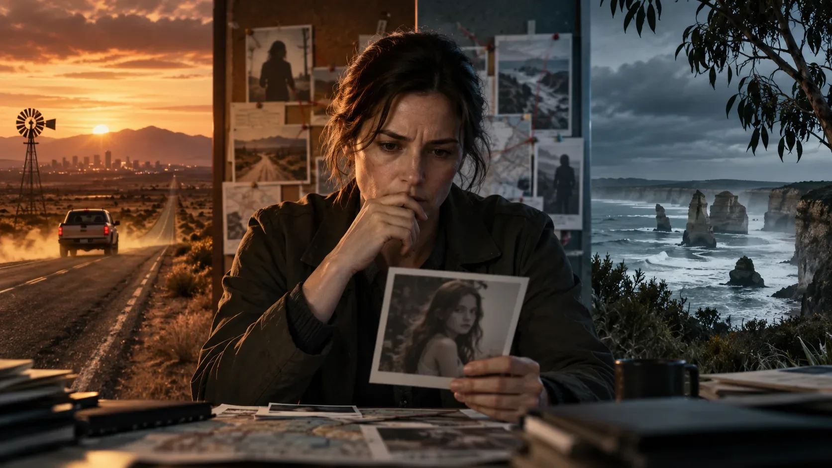 Investigadora diante de fotos e mapas, entre uma estrada árida ao pôr do sol e uma costa rochosa sob céu nublado, sugerindo duas ambientações de um mesmo mistério.