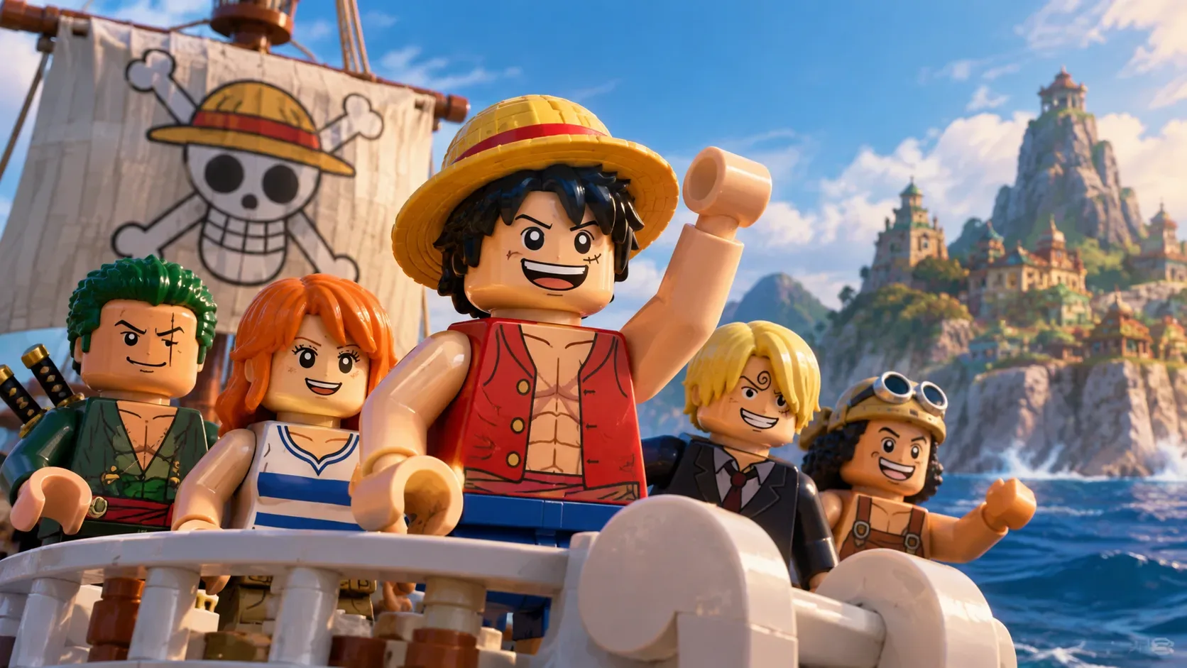 Tripulação pirata em personagens de blocos coloridos reunida no convés de um navio, com um jovem de chapéu de palha ao centro e uma ilha montanhosa ao fundo.