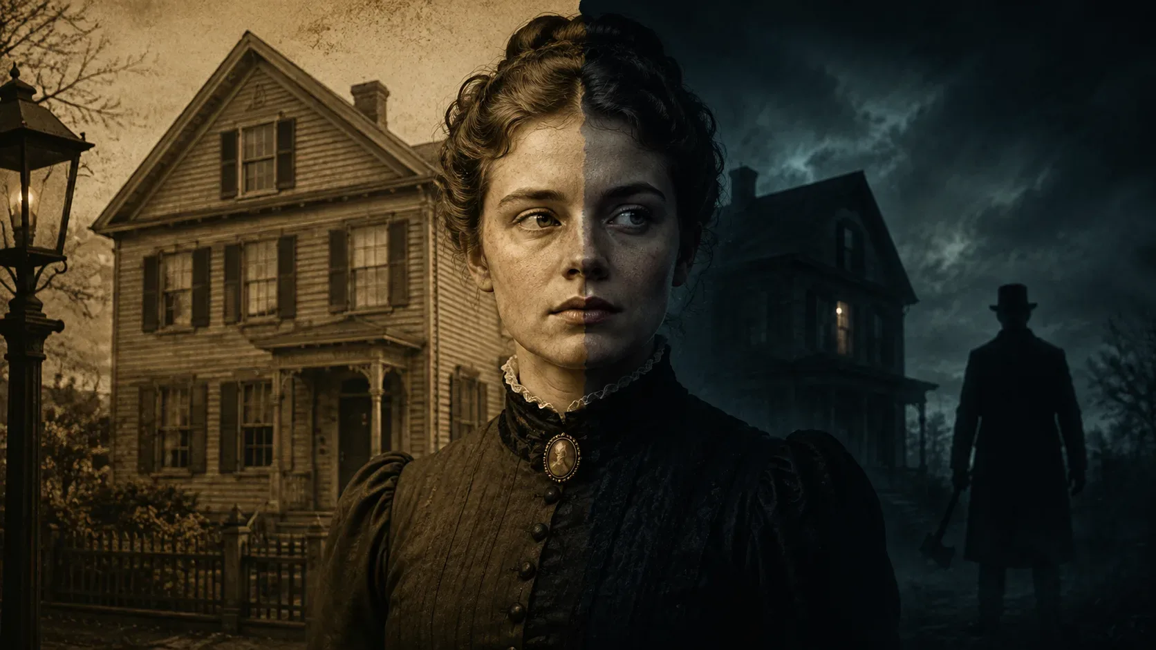 Mulher em traje vitoriano diante de uma casa antiga, com a cena dividida entre tons sépia históricos e sombras azuladas de suspense, além de uma silhueta ao fundo.