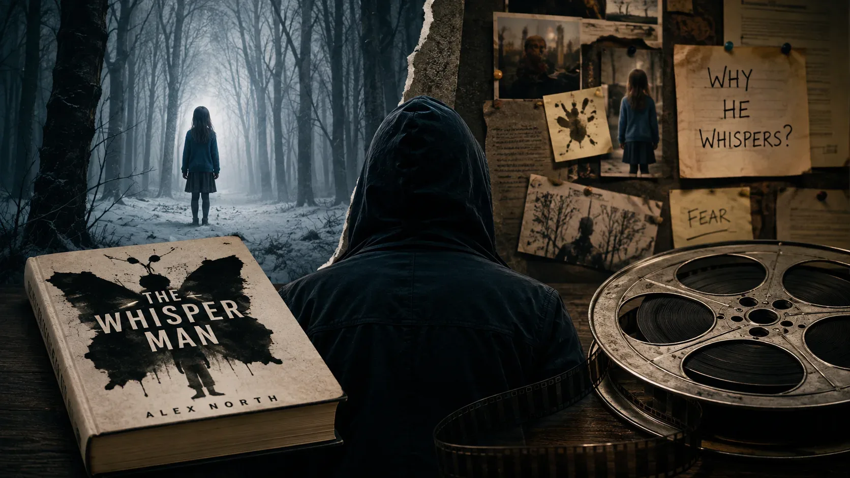 Composição cinematográfica dividida entre floresta nevada e mural de investigação, com figura encapuzada ao centro, exemplar de The Whisper Man e rolo de filme sobre uma mesa.