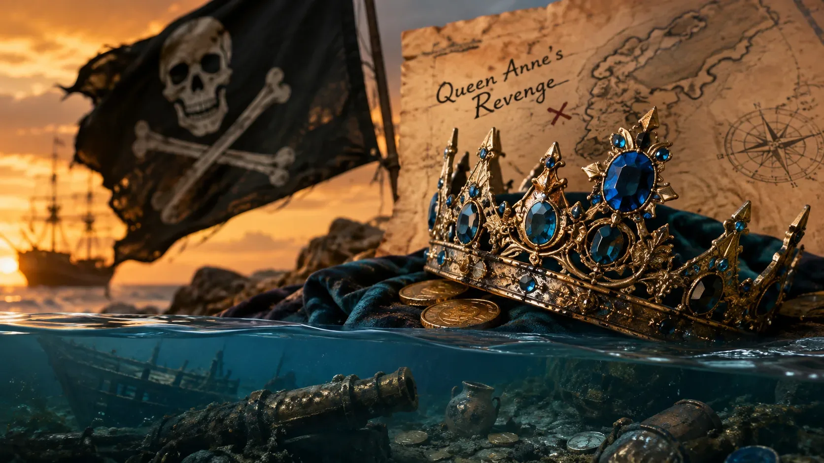 Coroa dourada com pedras azuis diante de mapa da Queen Anne’s Revenge, bandeira pirata e destroços submersos com canhão.