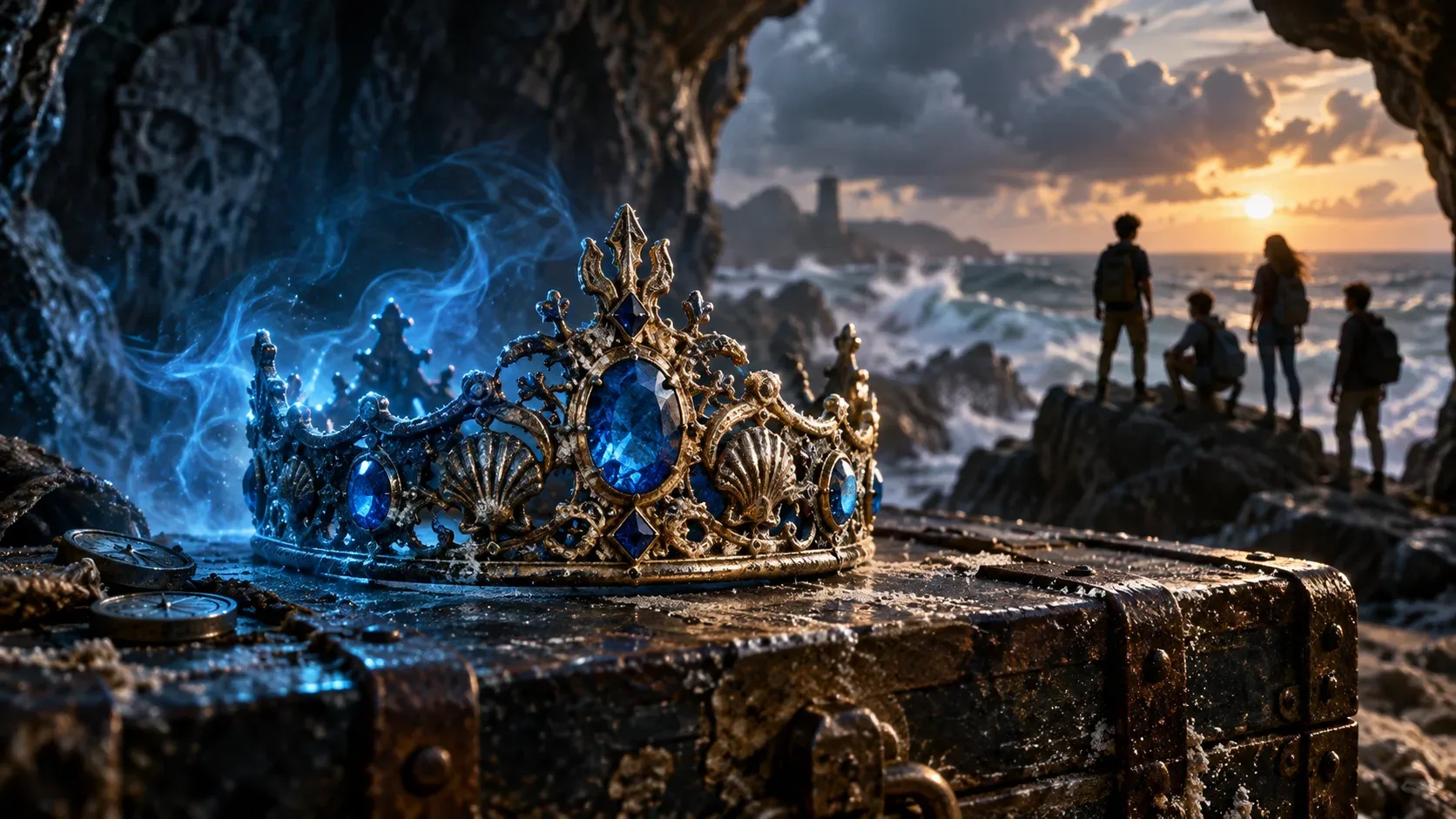 Coroa ornamentada com pedras azuis sobre um baú antigo em uma caverna costeira, com brilho azul, mar tempestuoso e jovens aventureiros ao fundo.