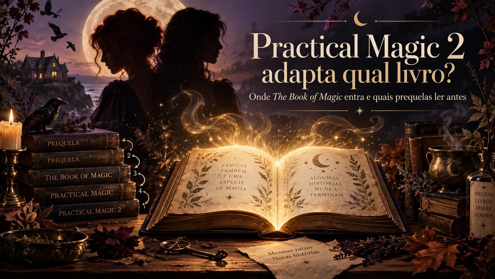Livro antigo aberto brilhando em dourado diante de duas silhuetas femininas, com pilhas de livros, lua, velas e elementos mágicos em tons roxos e cobre.