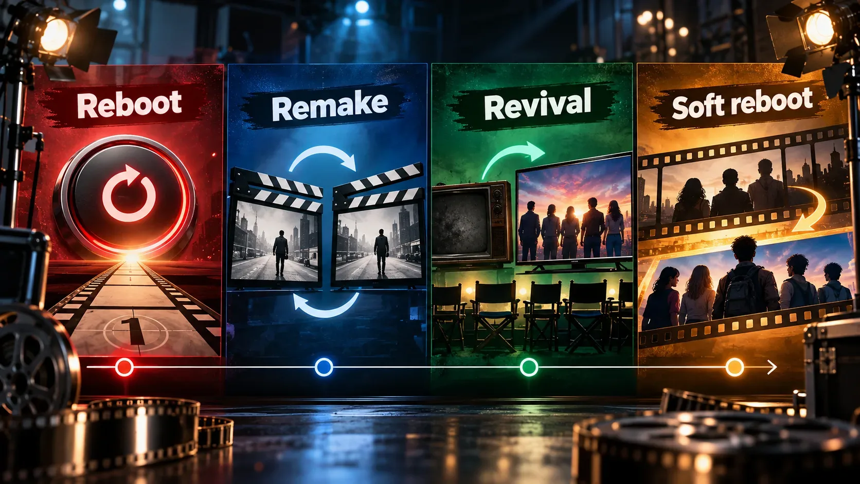 Capa editorial em estúdio de cinema dividida em quatro painéis rotulados Reboot, Remake, Revival e Soft reboot, com botão de reinício, claquetes, telas, elencos em silhueta, película e setas de continuidade.