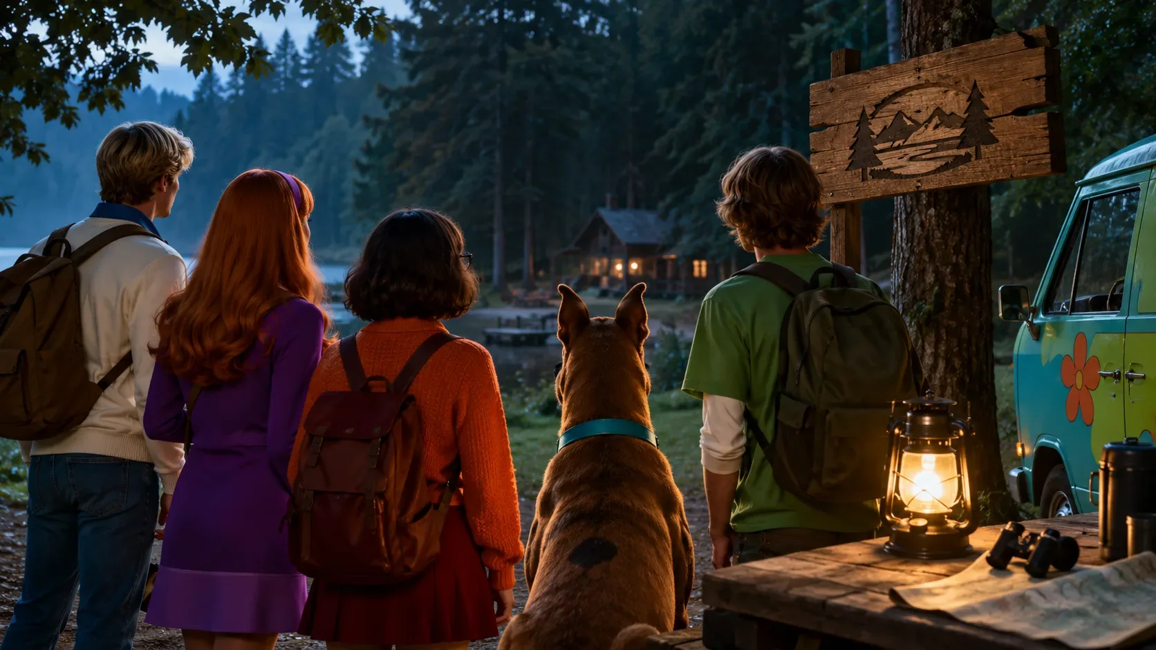 Quatro jovens e um cão de porte grande vistos de costas diante de um acampamento florestal ao anoitecer, com cabana iluminada e uma van colorida ao lado.
