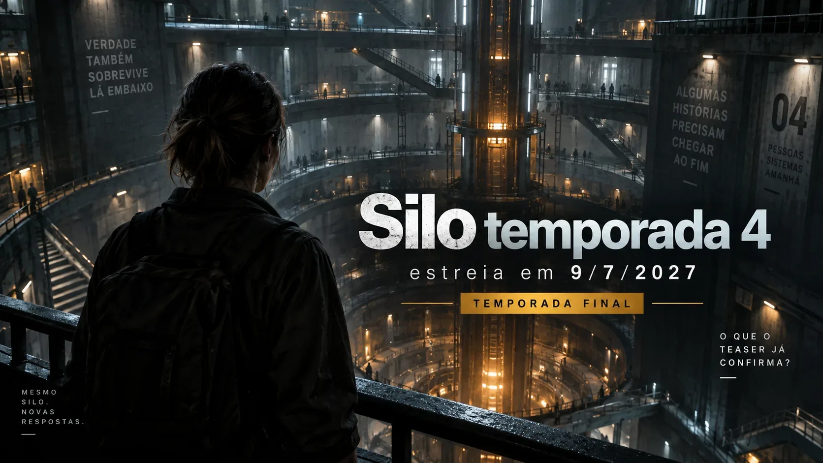 Pessoa de costas observa o interior circular de um silo subterrâneo iluminado, com o texto “Silo temporada 4” e a data 9/7/2027.