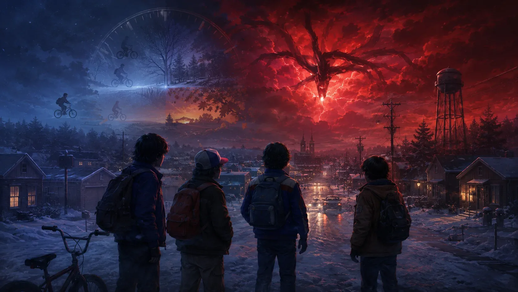 Quatro adolescentes com mochilas observam uma cidade nevada sob um céu sobrenatural vermelho e azul, com bicicleta e torre d’água ao fundo.